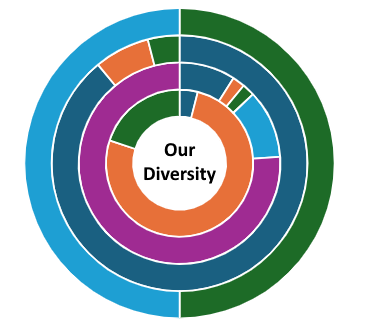Stacked pie graph depicting Kyana's diversity like gender and ethnicity